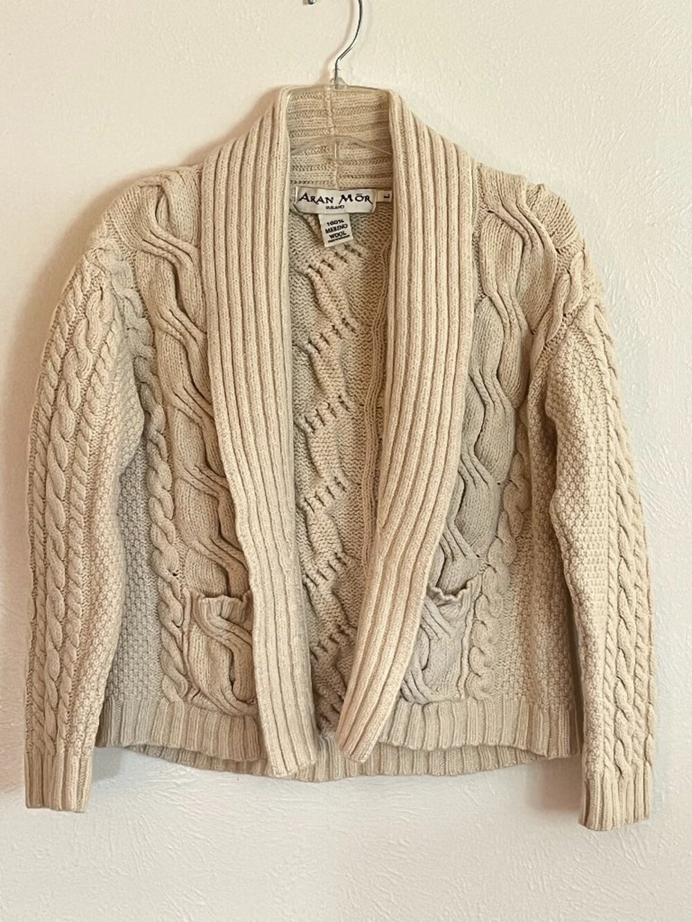 Aran Mor Women's Cream Merino Wool Cable Knit Cardigan Size L Ireland Fisherman